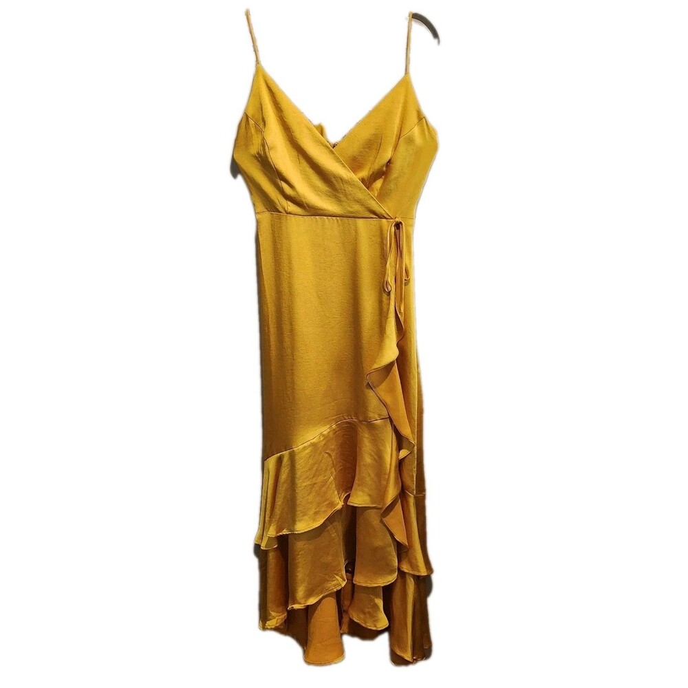 Nine West Strappy Wrap Ruffle Midi Boho Dress Yellow Size Medium NWT